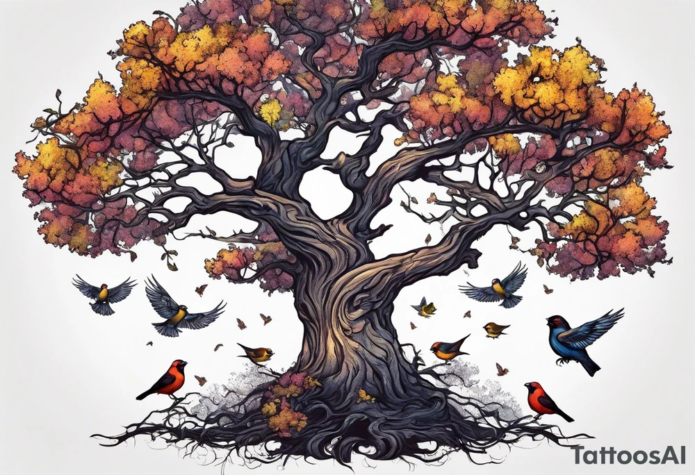 oak tree with finch birds tattoo idea