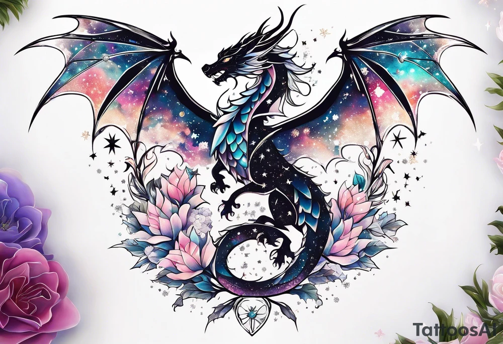 Constellation, wing , snow , cross , dragon female japan kawaii , flower tattoo idea