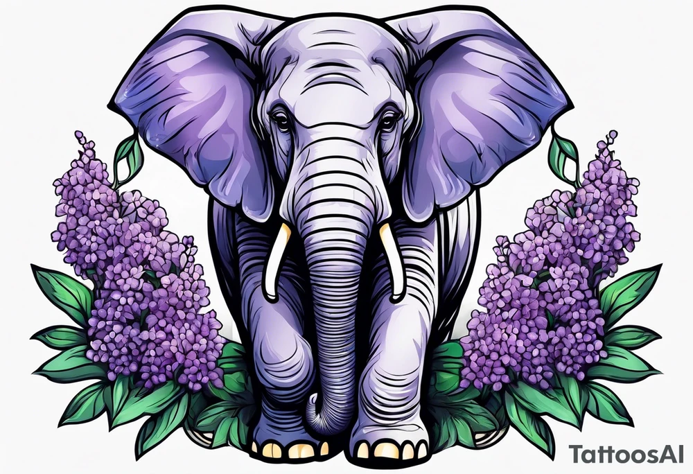 Elephant sitting with trunk morphing into lilacs tattoo idea