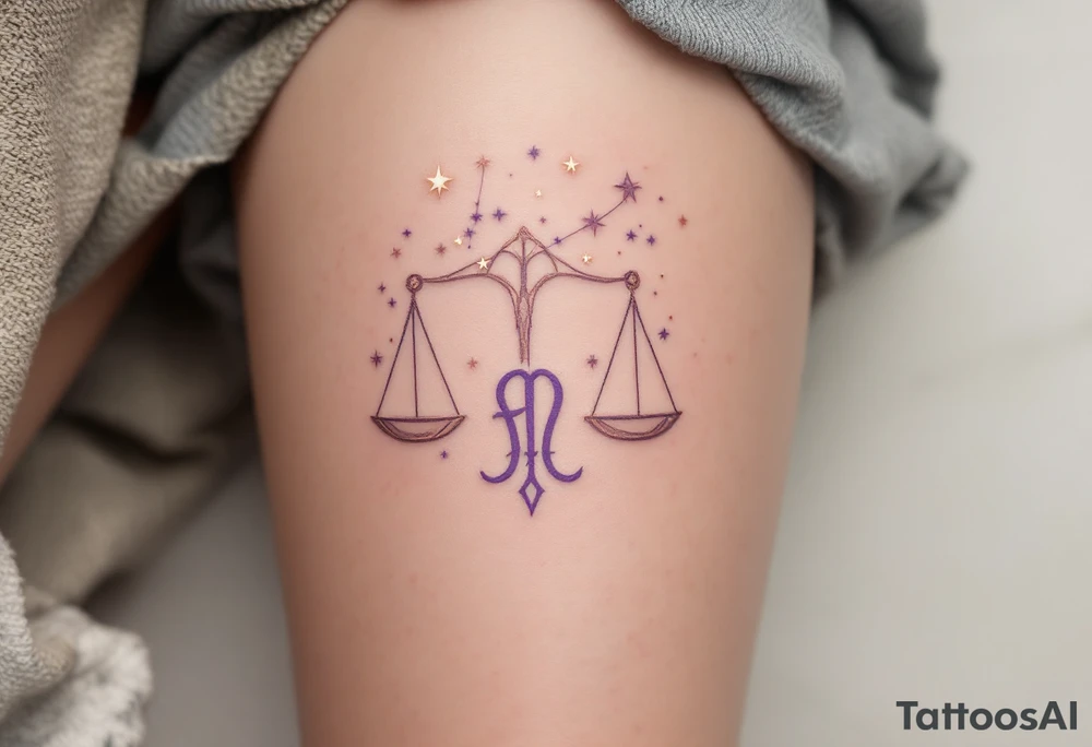 Rose gold stars connect the Libra constellation above a floating Libra symbol in soft violet. tattoo idea