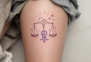 Rose gold stars connect the Libra constellation above a floating Libra symbol in soft violet. tattoo idea