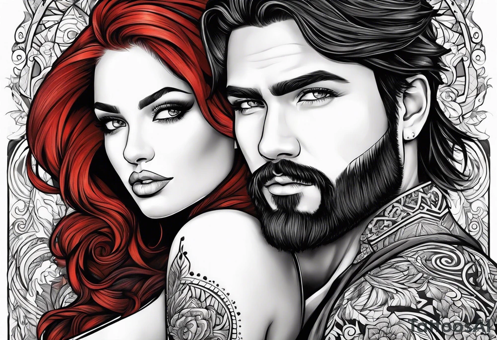 Busty red hair woman with bearded man black hair tattoo idea