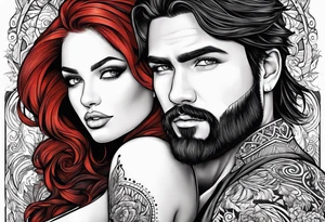 Busty red hair woman with bearded man black hair tattoo idea
