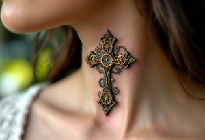 Vintage Cross with Clockwork Design – A very tiny vintage bronze cross featuring intricate clock gears in gold and rust, combining faith and time, with some soft shading in the middle of a neck. tattoo idea
