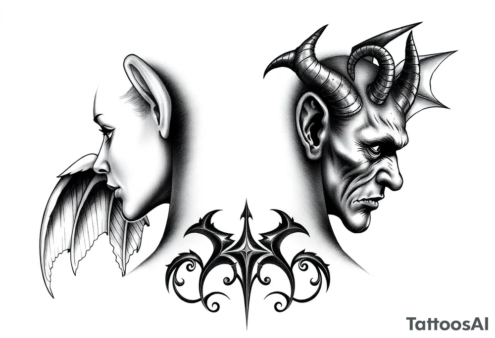 position behind the neck Angel (on the right) whispering in the right ear, demon (on the left) whispering in the left ear. It must be as realistic as possible. tattoo idea