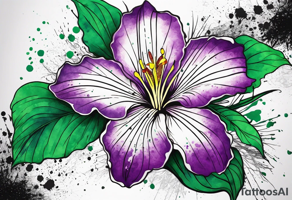 An outline of a rio dipladenia flower with a green and purple watercolor splatter in the background tattoo idea