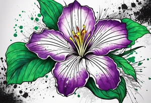 An outline of a rio dipladenia flower with a green and purple watercolor splatter in the background tattoo idea