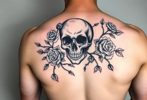 gothic skull intertwined with climbing roses and thorny vines tattoo idea