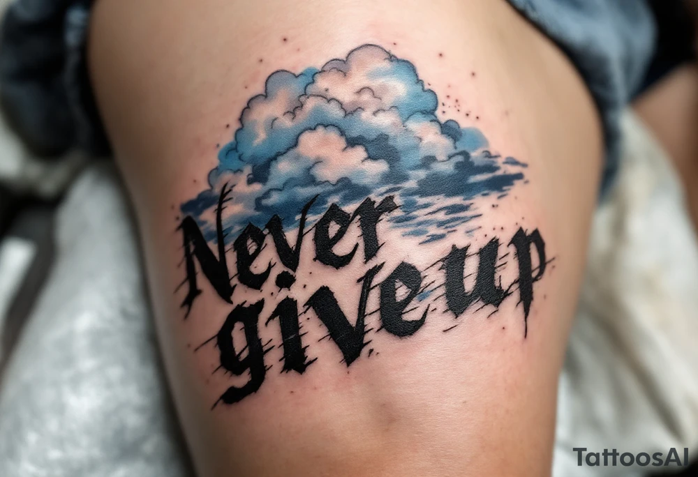 "Never give up" in rough, scratched lettering over a faded blue storm cloud symbolizing endurance. tattoo idea