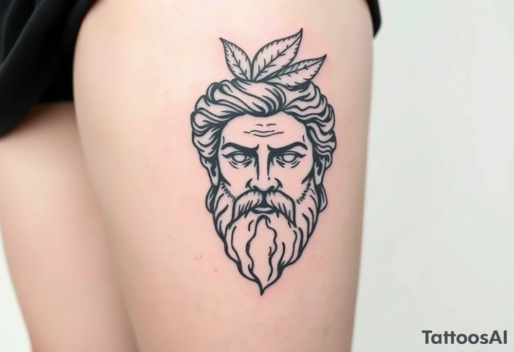 Platos Greek god only his face with a leaf on top tattoo idea