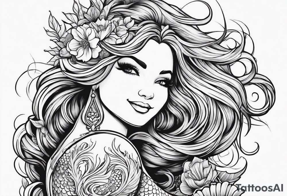 Mermaid, one arm up, hair in front of chest, curvy, smiling tattoo idea