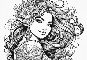 Mermaid, one arm up, hair in front of chest, curvy, smiling tattoo idea