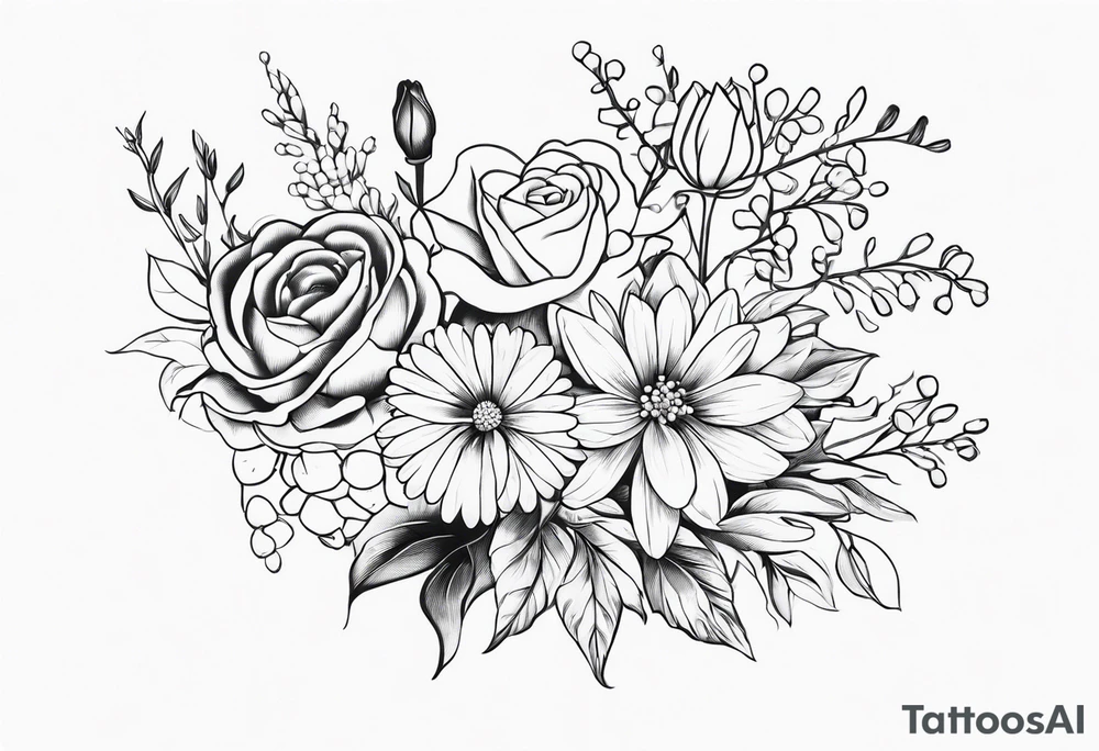 Asters, roses, lily of the valley, and chrysanthemums in a long line tattoo idea