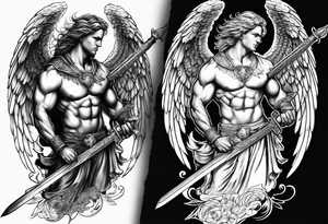 Male American guardian angel with a sword and possessed angel from hell combined together tattoo idea