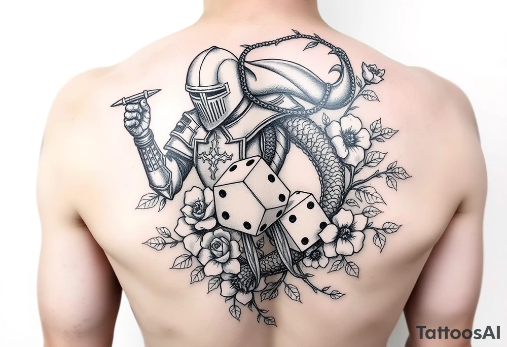 knight and squid intertwined with climbing roses and thorny vines with cherry blossoms rolling dice tattoo idea
