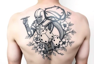 knight and squid intertwined with climbing roses and thorny vines with cherry blossoms rolling dice tattoo idea