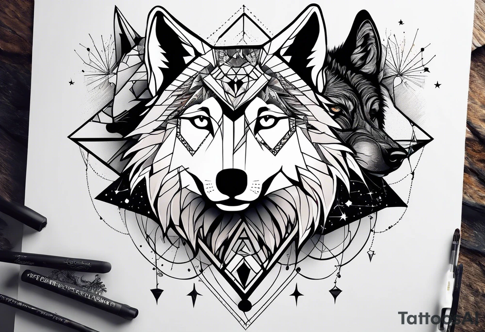Constellation, two animal wolf, géométric tattoo idea