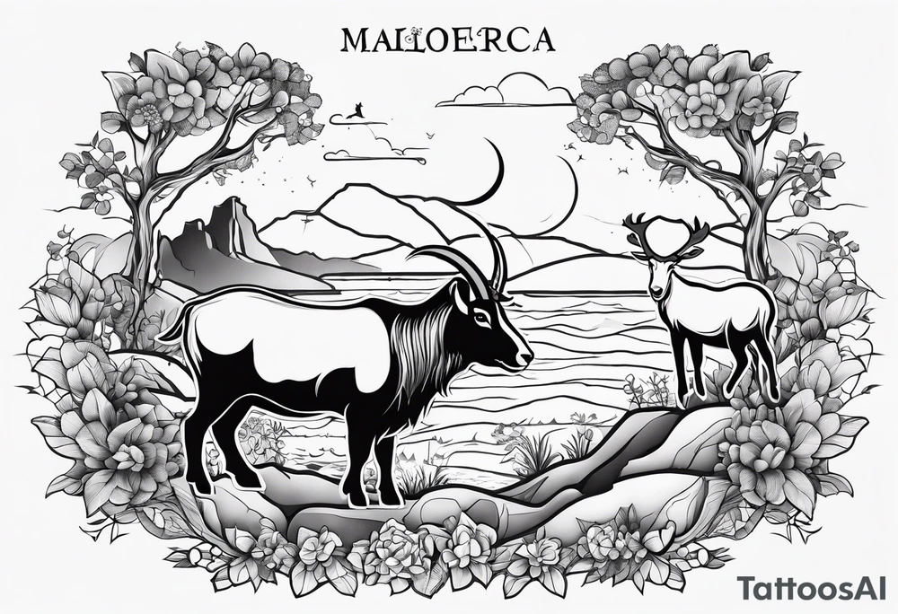 A badger, a goat and a reindeer on Noah's ark inside the outlines of Map of Mallorca tattoo idea