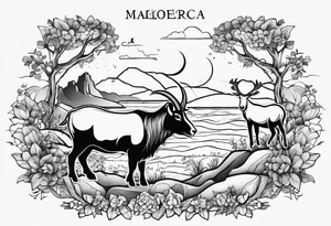 A badger, a goat and a reindeer on Noah's ark inside the outlines of Map of Mallorca tattoo idea