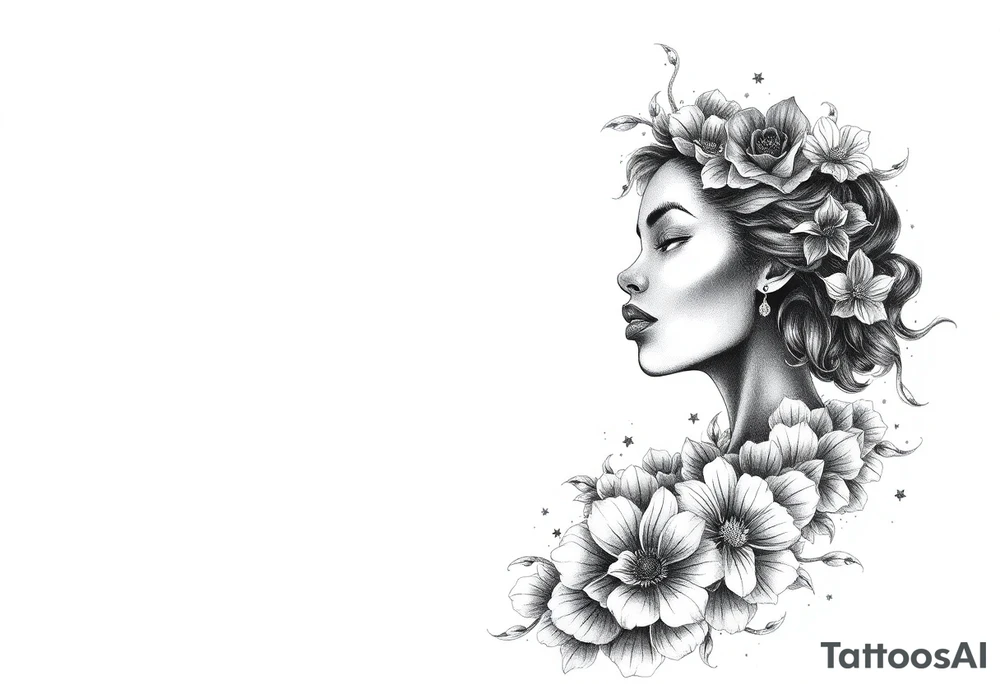 Elaborate drawing of a black woman made up of flowers and clouds. tattoo idea