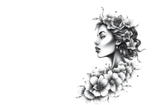 Elaborate drawing of a black woman made up of flowers and clouds. tattoo idea