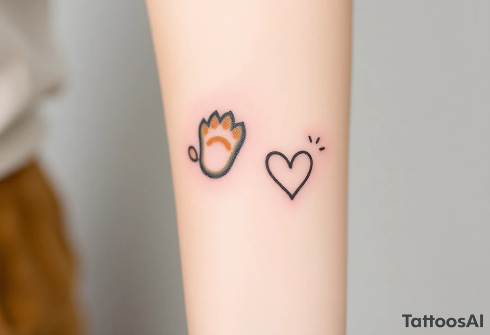 A detailed cat paw with soft fur textures, using natural tones of cream, gray, and light brown for a delicate and cozy feel and heart tattoo idea