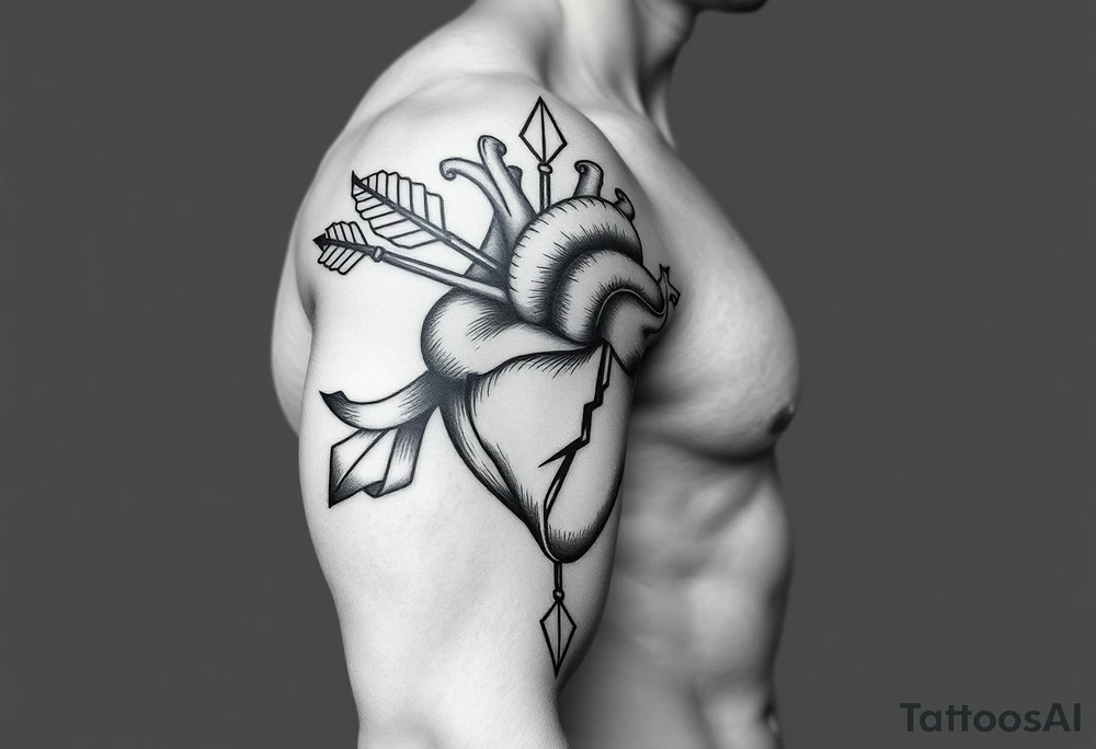 anatomical heart pierced by ornate arrow with flowing ribbons tattoo idea