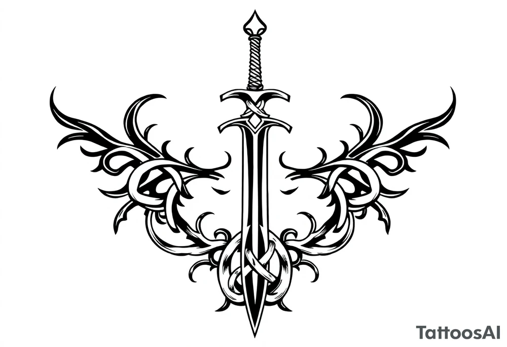 a single sword with an overgrown Celtic knot band infused with roots tattoo idea