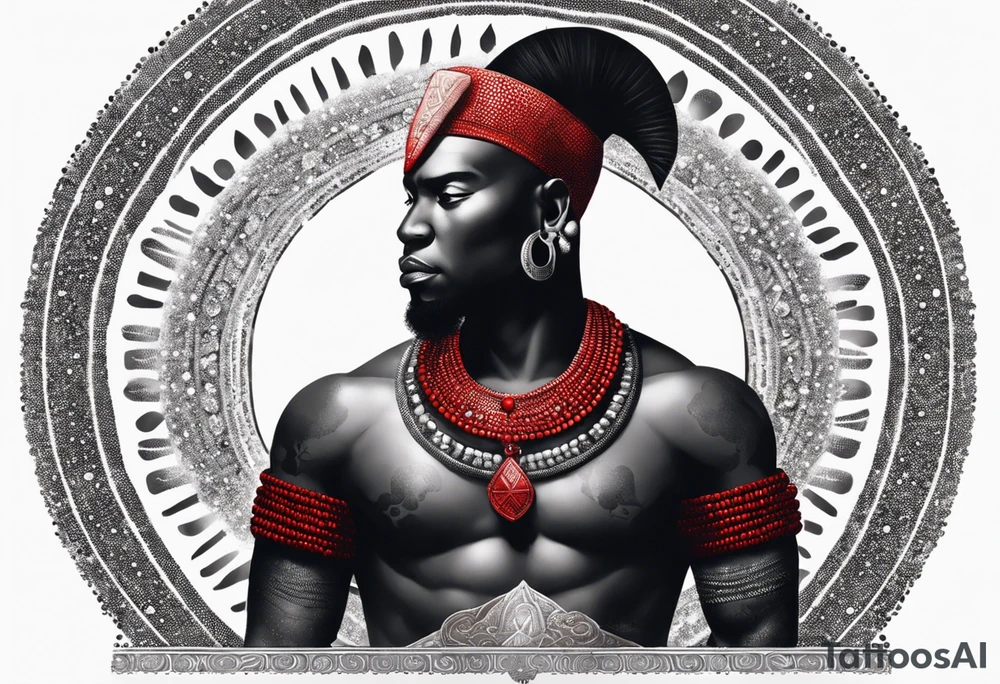 Black-skinned bald african warrior. He is a god of the war. Wears a simple red necklace and a silver crown tattoo idea