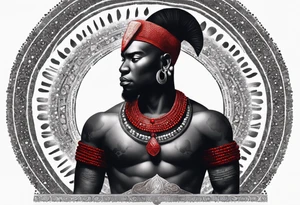 Black-skinned bald african warrior. He is a god of the war. Wears a simple red necklace and a silver crown tattoo idea