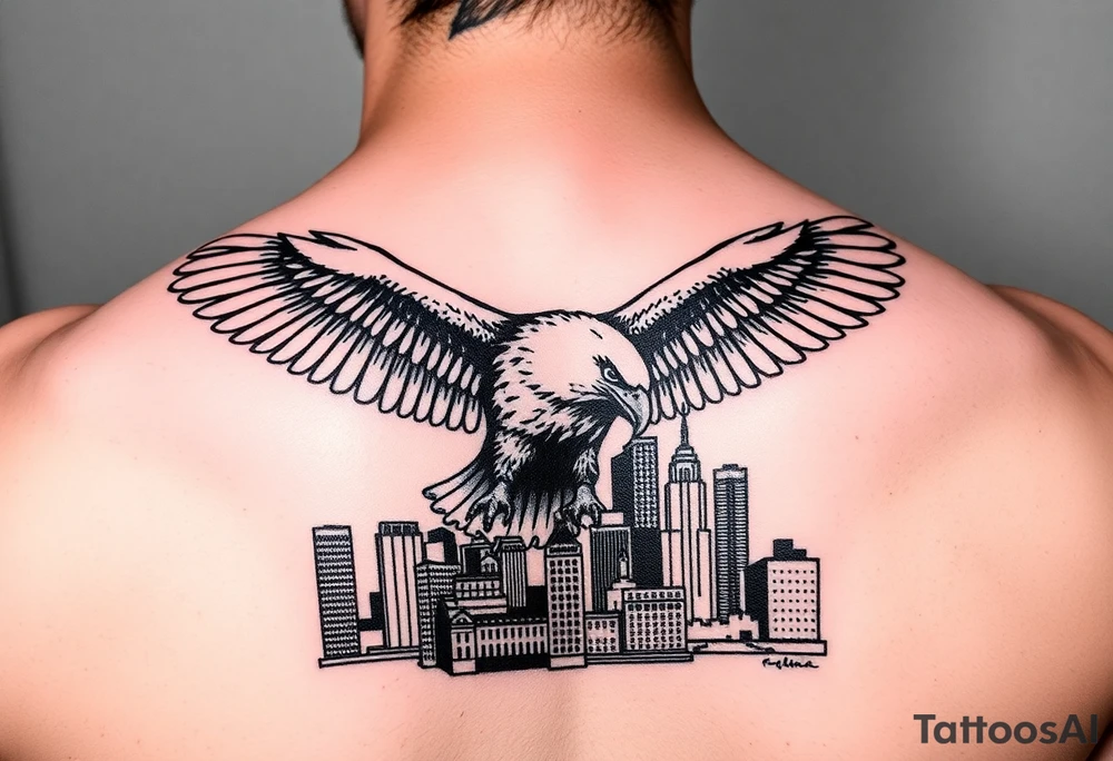 Philadelphia Eagle flying over Philadelphia city skyline with a Go Birds under it tattoo idea