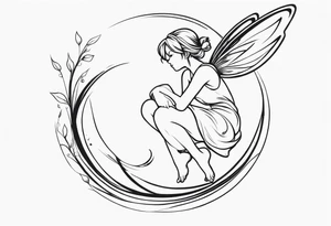 Minimalistic, monochromatic fairy with a tail flying to the left in a fetal position, leaning and looking in the same direction, with visible hands, embodying the 'Fairy Tail' logo aesthetic. tattoo idea