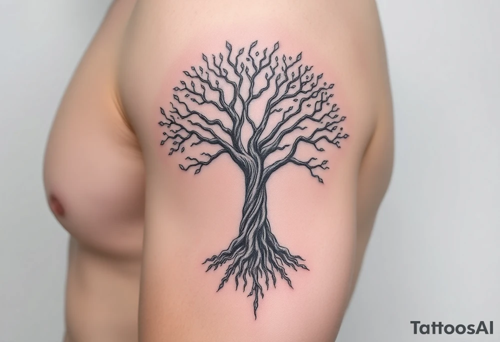 mystical tree of life with cosmic roots and celestial branches tattoo idea