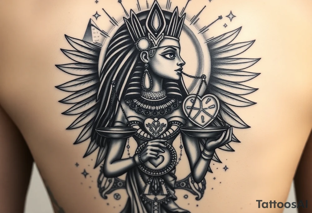 “Super realistic black and grey tattoo of the Egyptian goddess Ma’at, depicted as a regal woman with an ostrich feather headdress, intense glowing eyes, and intricate ancient Egyptian jewelry. She stands or floats amidst swirling cosmic energy and beams of light, with subtle hieroglyphics and pyramids in the background. Incorporate the Scales of Justice—one side holding a heart, the other Ma’at’s feather—glowing with ethereal energy. Emphasize dramatic lighting, deep shadows, and surreal, mystical atmosphere to match a sleeve with Anubis and cosmic motifs. Design should flow with existing sleeve art, using soft transitions and layered textures. tattoo idea
