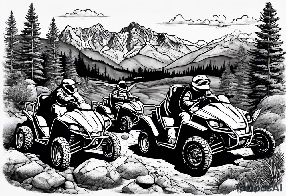 Wasatch Mountain scape with a Honda ATC three wheeler and four turtles watching from the path tattoo idea