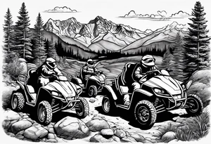 Wasatch Mountain scape with a Honda ATC three wheeler and four turtles watching from the path tattoo idea
