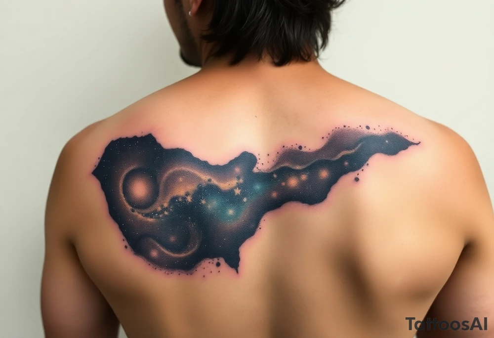 Beautiful and epic 3d milky way that appears to be what is beneath the skin. Make it drape over the shoulder and move to the middle back. use negative spaces to create stars and dust. Incorporate God breathing life into the universe. Keep it symmetrical tattoo idea