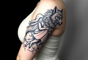 Big bad wolf running behind little red riding hood tattoo idea
