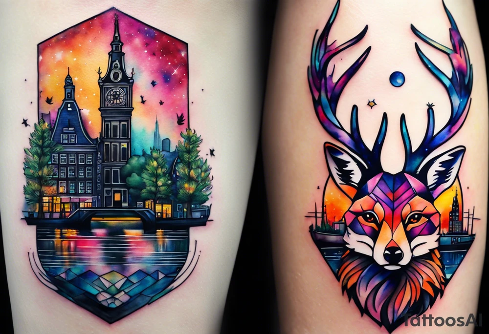 Arm tattoo, Animals, birds, stag, fox, watercolour of animals made from glass in Amsterdam featuring Amsterdam buildings and Amsterdam canal in galaxy colours featuring pineapples as space colours, galaxy colours, night sky, pineapples tattoo idea