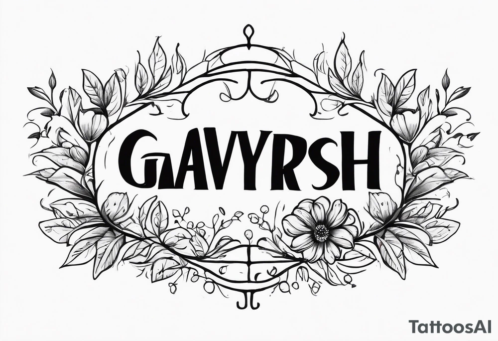 Sketch of tattoo inscription, in nature, above the stomach, under the chest, semicircle, Latin, in the style of letters, the word "GAVRYSH". tattoo idea