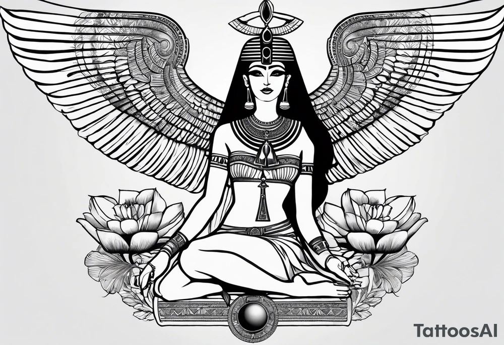 blank and white Egyptian goddess Isis, who is often depicted as a woman with outstretched wings, holding an ankh (a symbol of life) in one hand and a lotus flower in the other. Her headdress often includes a throne or a solar disk. The tattoo design can vary in style and size, but it typically aims to capture the essence of this revered Egyptian deity, emphasizing her beauty, power, and maternal qualities. The choice of colors and additional elements can also be customized to create a unique and visually striking representation of the goddess Isis tattoo idea