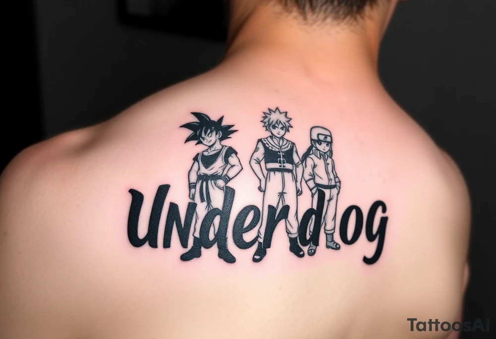 the word underdog in a cool font with 3 anime characters Goku ippo and Naruto one standing in the middle one standing on the right and one standing on the left
 on a shoulder tattoo idea