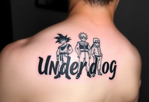the word underdog in a cool font with 3 anime characters Goku ippo and Naruto one standing in the middle one standing on the right and one standing on the left
 on a shoulder tattoo idea