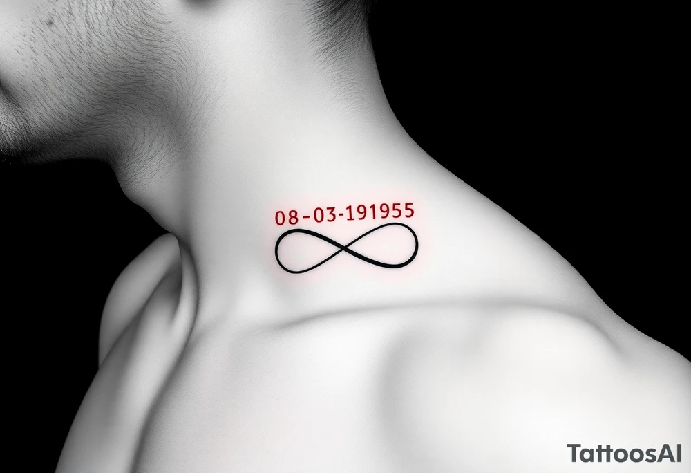 Quero uma tatuagem no antebraço, simples e elegante. O design deve começar com a data de nascimento do meu avô 08-03-1955escrita em vermelho, seguida de um símbolo de infinito em branco, com uma leve sombra ao redor para destacá-lo. O símbolo de infinito deve continuar numa linha reta, como se fosse um infinito sem fim. A linha deve ser discreta e uniforme, mantendo um estilo minimalista. tattoo idea