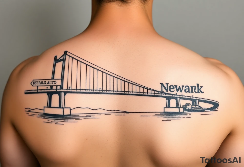 A bridge over water with two cities on the side. The city signs on the side of the bridge. East Palo Alto on the left and Newark on the right tattoo idea