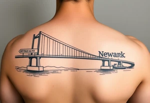 A bridge over water with two cities on the side. The city signs on the side of the bridge. East Palo Alto on the left and Newark on the right tattoo idea