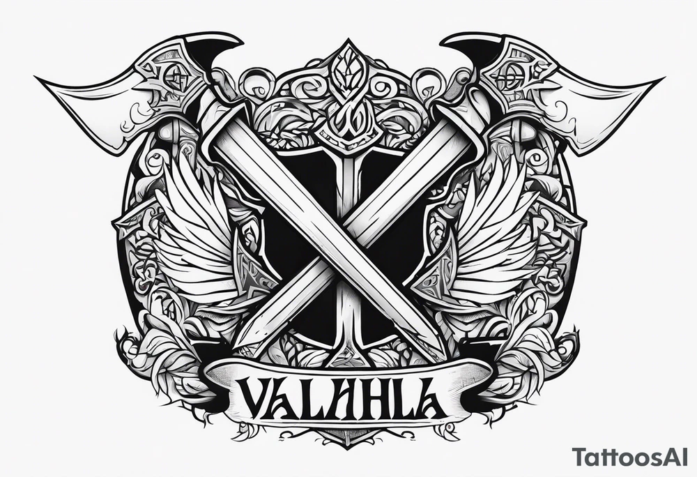 Valhalla sword shield axe heaven tattoo idea