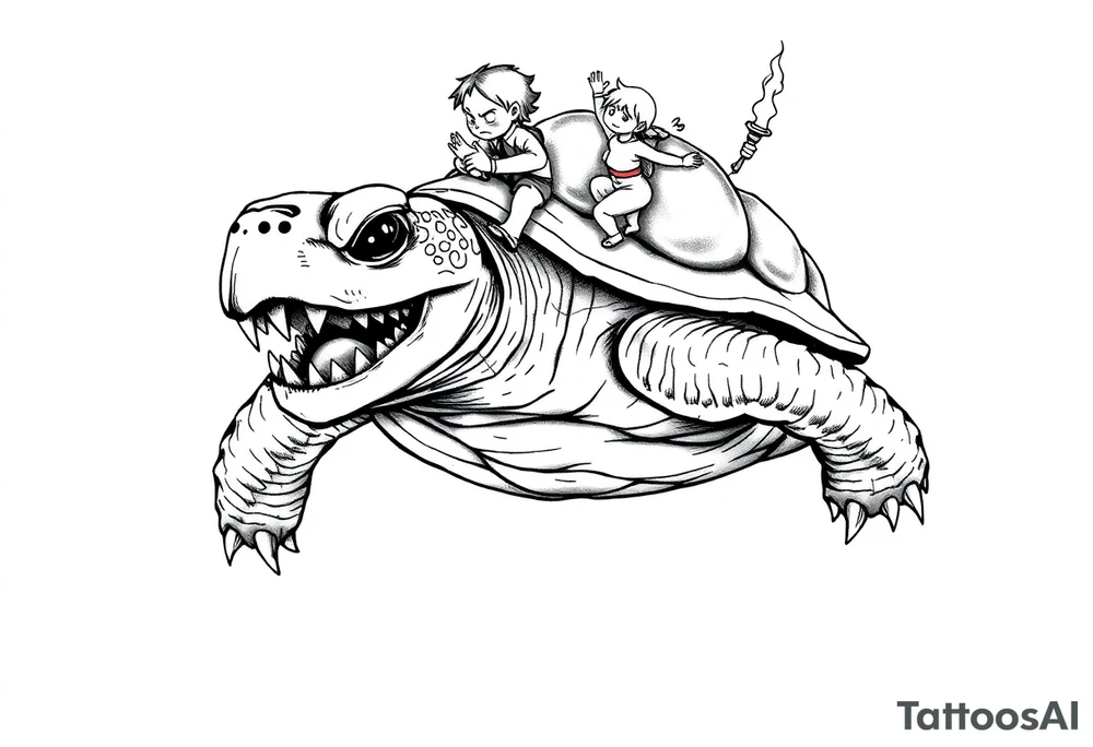 powerful and angry turtle with huge teeth and a tiny person who is very upset riding on the back holding a torch tattoo idea