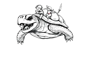 powerful and angry turtle with huge teeth and a tiny person who is very upset riding on the back holding a torch tattoo idea