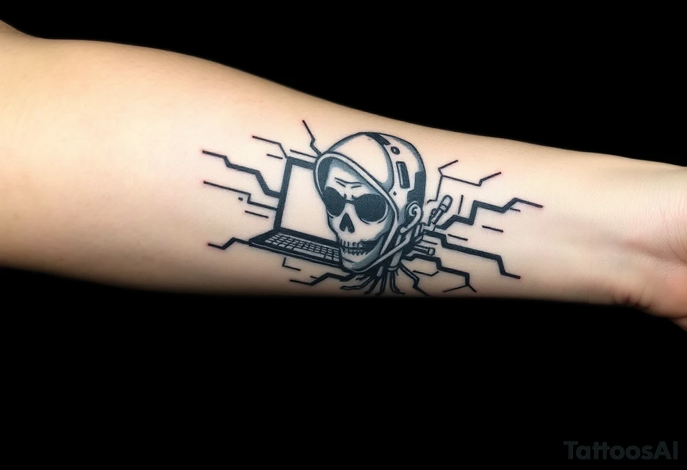 Tattoo for the top side of the forearm, black and gray, flash, hacker computer tech tattoo idea